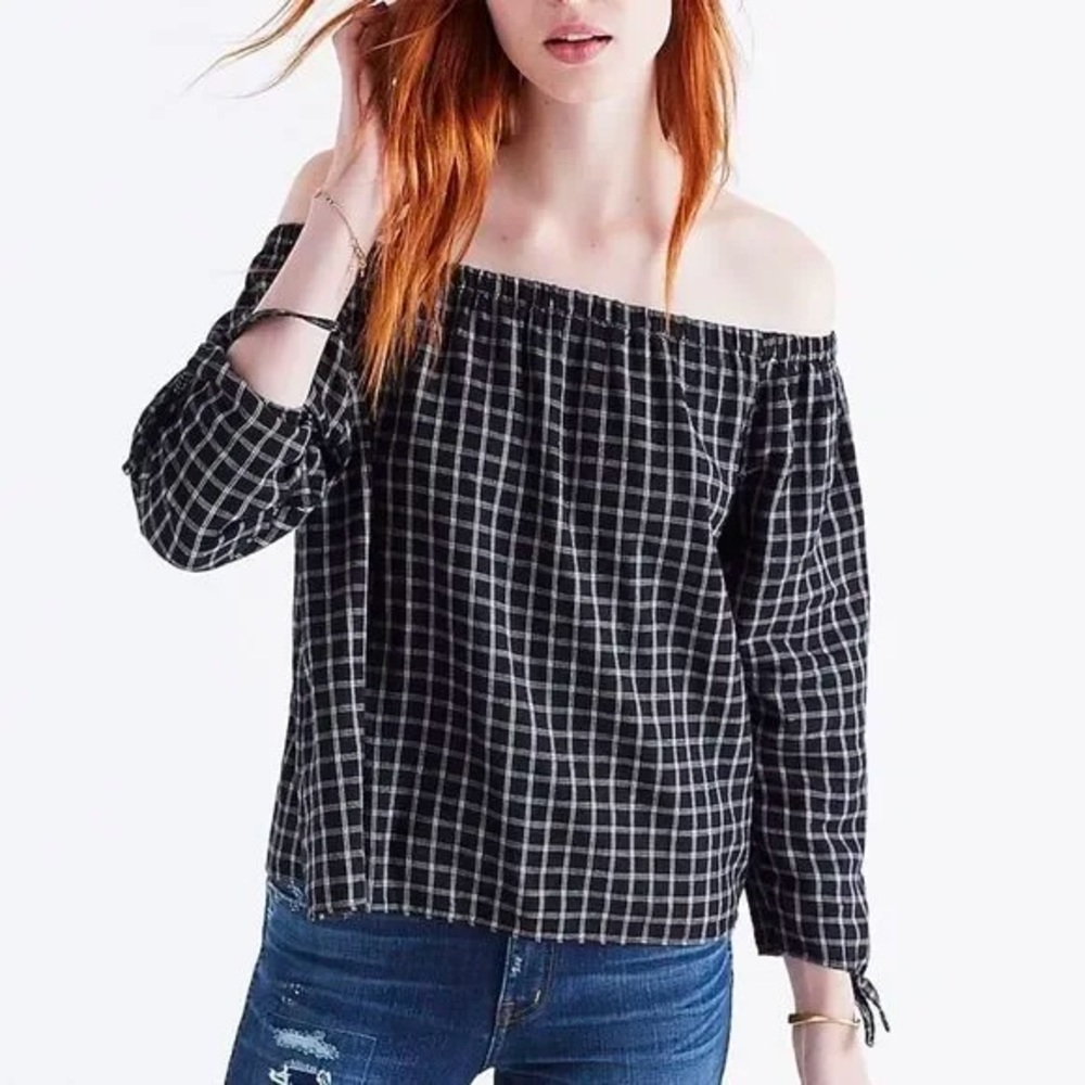 Madewell plaid off the shoulder cotton top